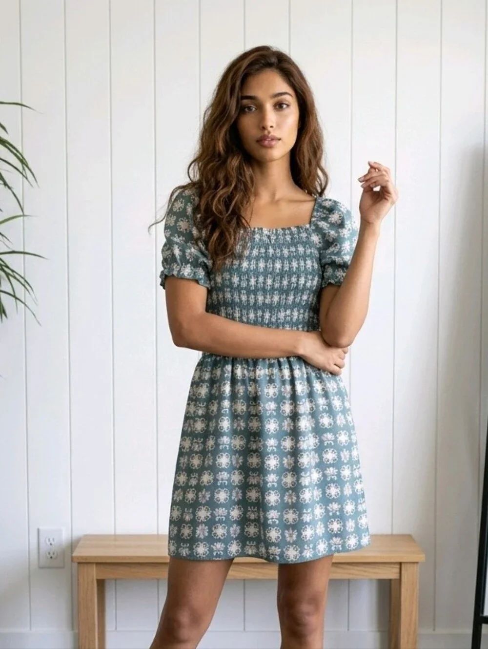LOFT Petite Floral Dress SP Gray Smocked Babydoll Puff Sleeve Mini Dress